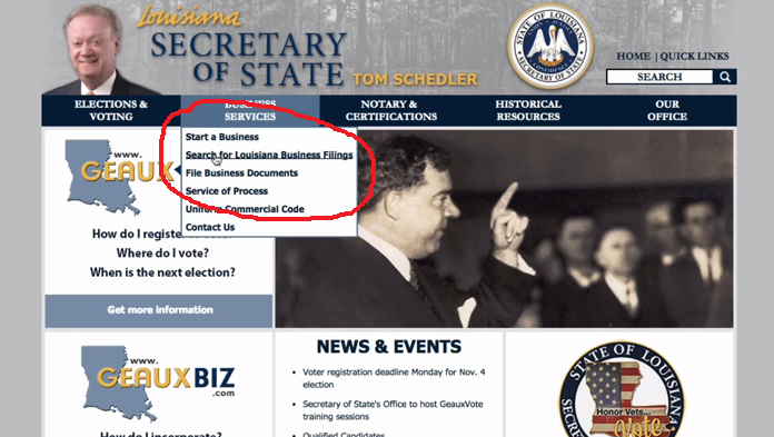 How do you search for businesses registered with the Louisiana Secretary of State?